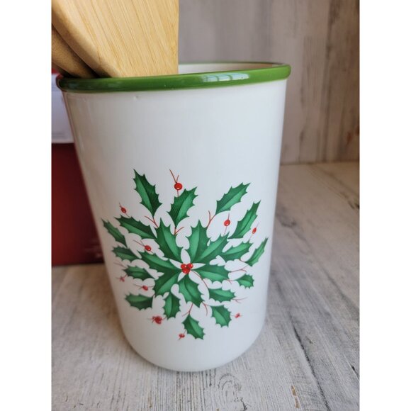 Lenox NEW utensil crock wooden servers holiday mistletoe Xmas decor - Picture 6 of 7